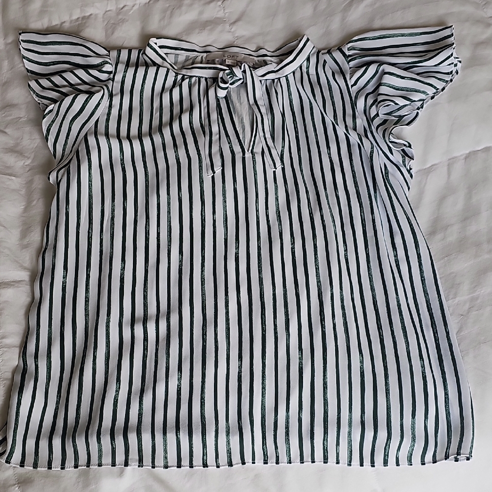 Loft White & Green Striped Flutter Sleeve Top M